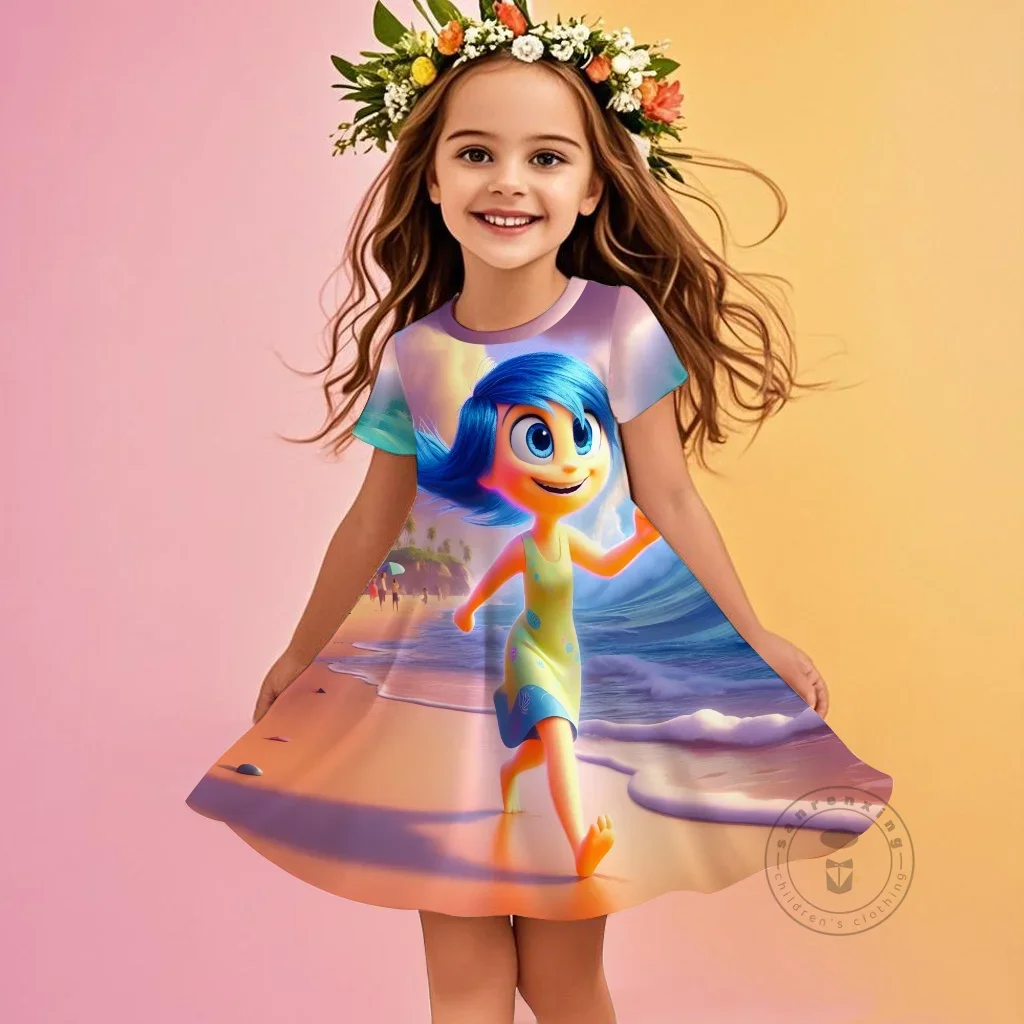 

Cute New Disney Inside Out Character Print Girls Dress 3D Printed Short Sleeve Round Neck Fall Casual Kawaii Dress Kids Fitted