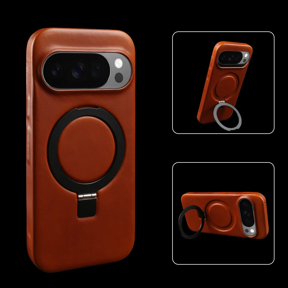 Foldable Magnetic Bracket Stand Genuine Leather Case for Google Pixel 9 10 11 Pro XL 10A 9A 8 8A 7 Pro For Magsafe Phone Cover