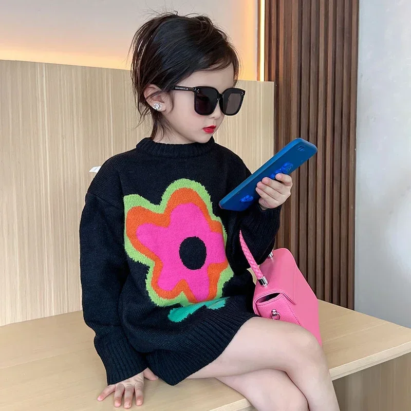 

Spring Autumn Girls Sweater Baby Knitwear Kids Knitted Tops Children Pullover Clothes Big Floral Jacquard Rib Knit 4-13Y