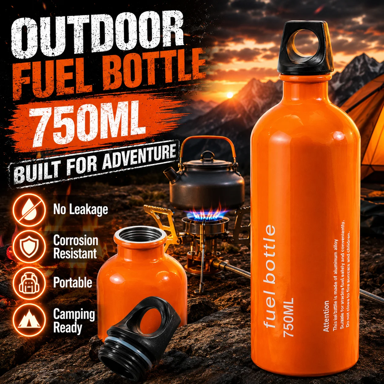 750ml Aluminum Fuel Bottle Camping Stove Gas Oil Storage Can Leakproof Orange Lightweight Outdoor Fuel Container for Backpacking Hiking Picnic Camp Burner Refill Portable Travel Bottle Durable Safety Cap Camping Gear Accessories Holder Pack