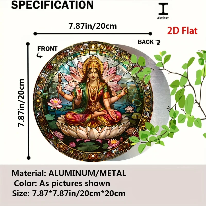 [2D Flat] 1pc Vintage Metal Sign - Hindu Goddess on Lotus Throne Aluminum Round Poster, Serene and Divine Imagery, Retro Wall Ar