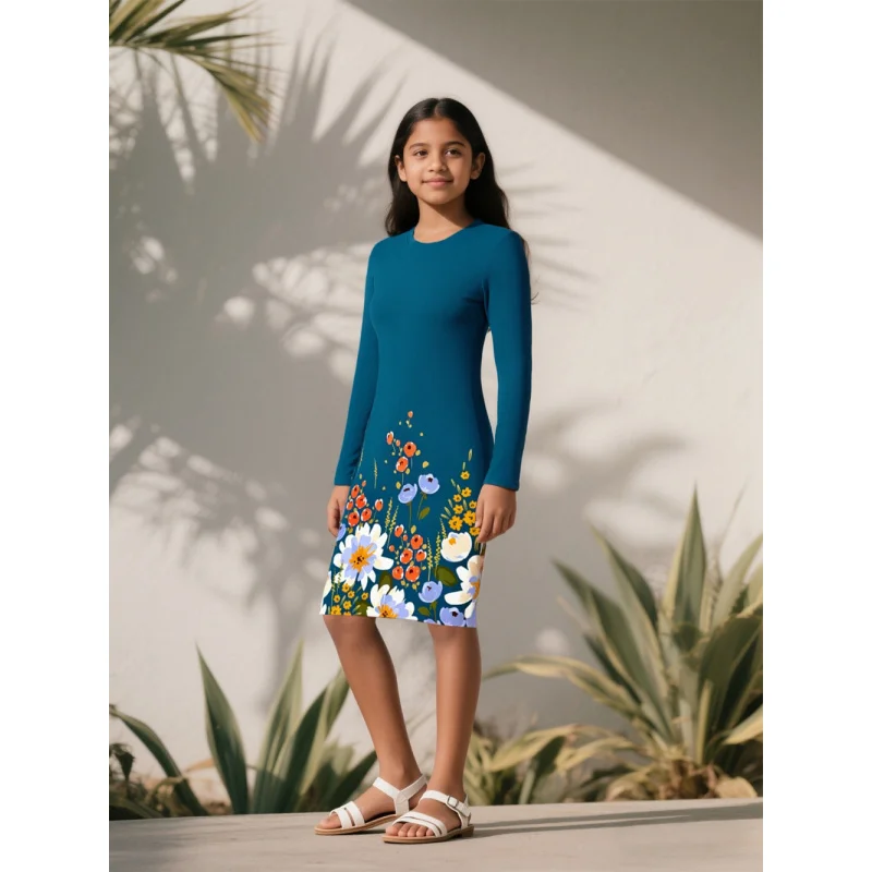 Robe à manches longues bleu paon pour filles, avec imprimés floraux colorés, coupe cintrée, Style artistique, 2025