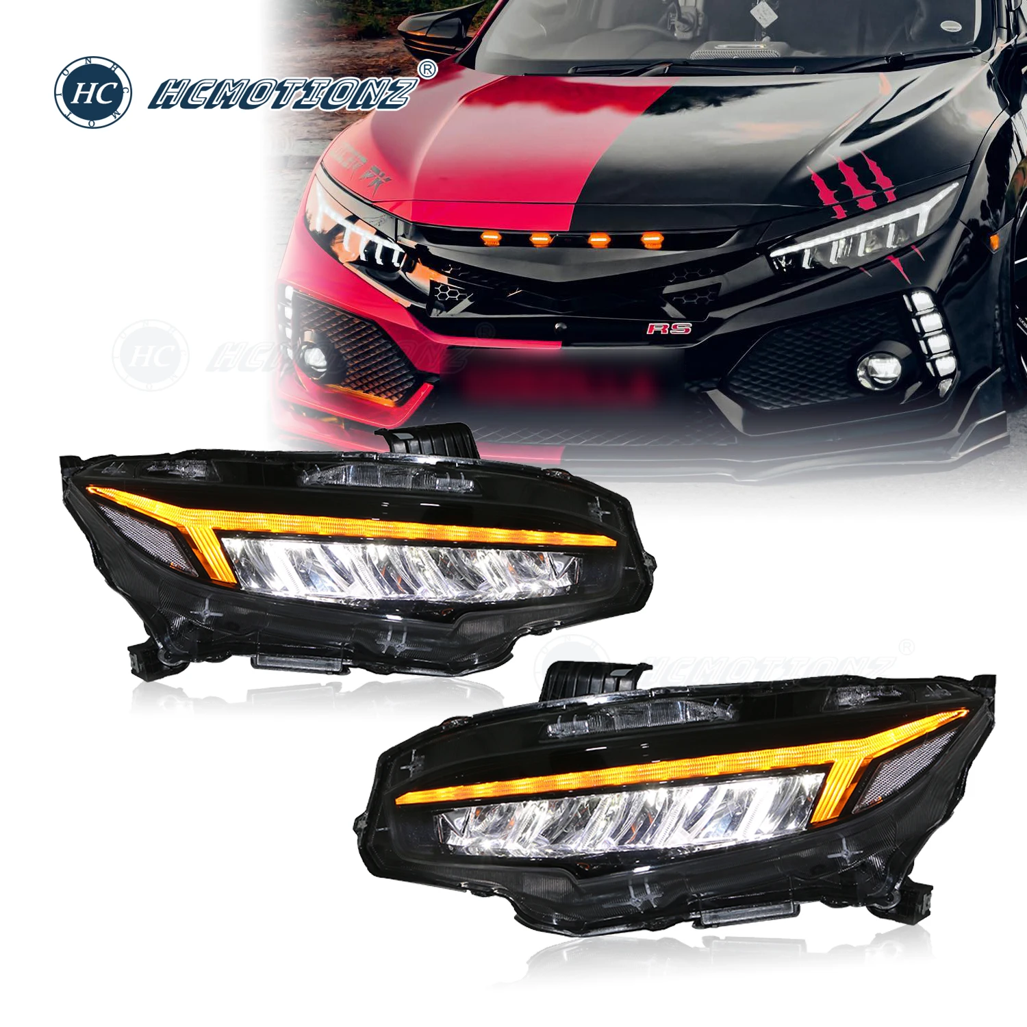 HCMOTIONZ Front Lamps for Honda Civic 2016-2021 LED Head Lights Assembly 10th Gen DRL Animation Lighting System U.S. Shipment
