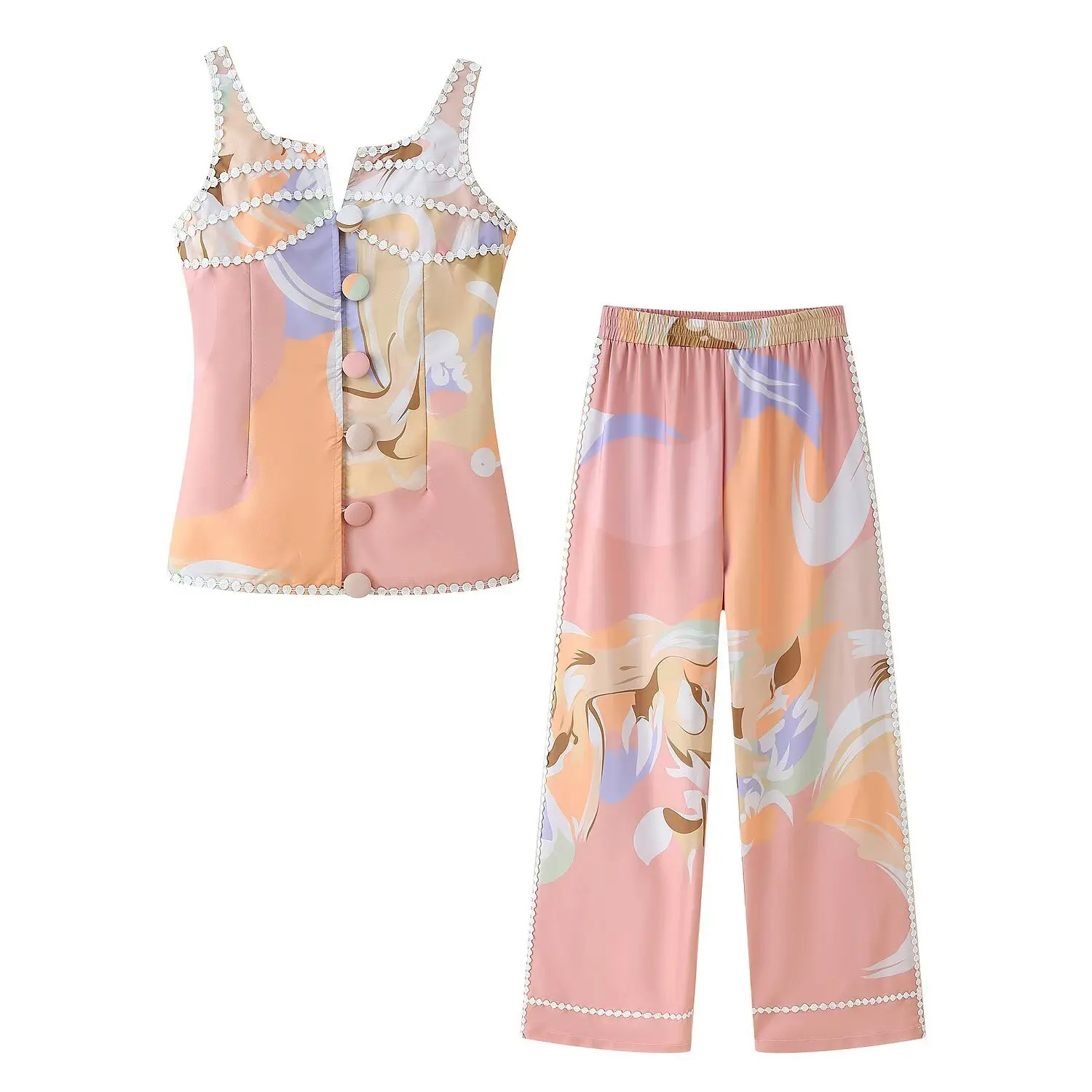 

Woman's Printed Suit V-neck Single Breasted Sleeveless Cropped Vest Elastic Waist Straight-leg Pants Casual Summer New Suit