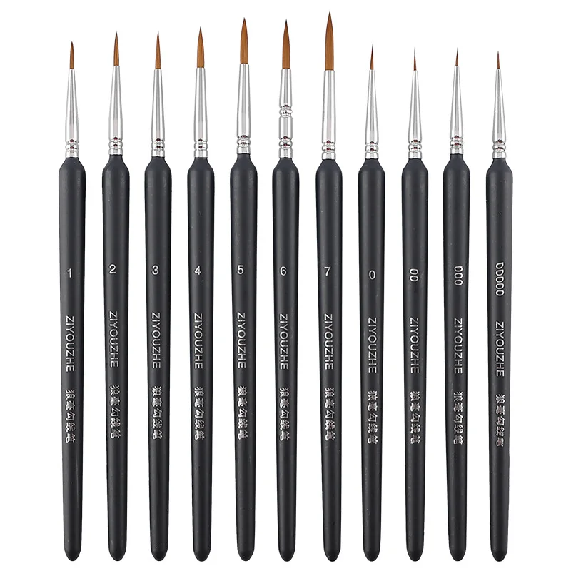 11Pcs/Set Hook Line Pen For Watercolor Oil Painting Extra Fine Soft Wolf Hair Hand Brush Gouache Acrylic Nail Art Drawing Tools