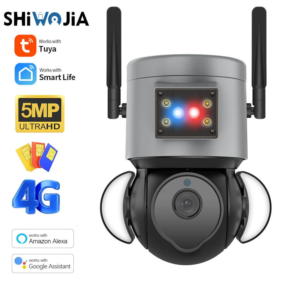 SHIWOJIA 5MP 4G SIM telecamera di sicurezza Tuya WIFI telecamera di sorveglianza con allarme sirena antifurto telecamere CCTV Alexa Google Motion