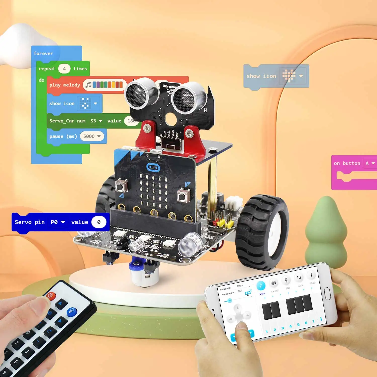 

Cute Programmable Robot Smart Car for Kids Learning Coding APP IR Control Compatible with Microbit V2