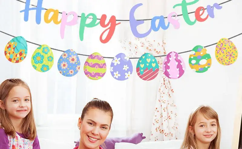 Feliz Pascua Banner banderines de papel guirnalda banderas de fiesta de primavera tema de conejito suministros de decoración de puerta accesorios para festivales de vacaciones