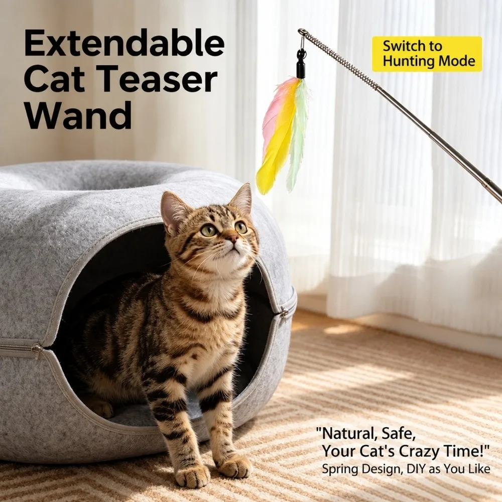 Compact Stainless Steel Cat Teaser Wand Replaceable Head Retractable Retractable Cat Teaser Wand Interactive Cat Cat Owner