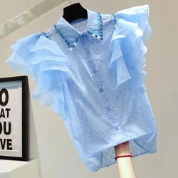 Luxury 2024 Summer Blue Shirt Ruffles Short Sleeve Diamonds Stitch Collar Shirts Blouses For Women Sweet Chic Tops Blusas