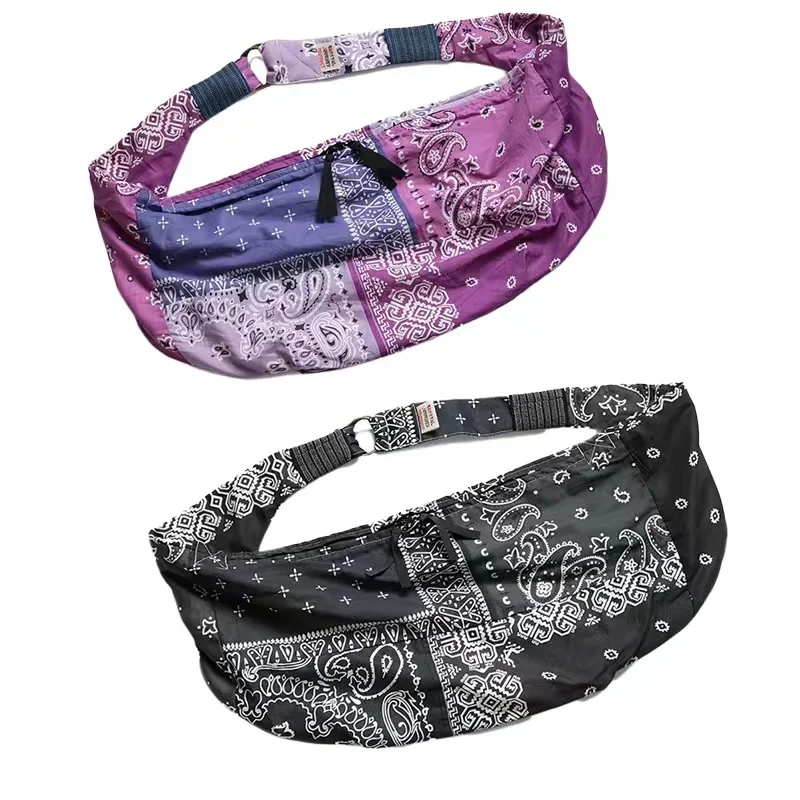 26SS New  KAAL Hirata and Hongri Double Color Cotton Hemp Paisley Flower Splicing Men's Diagonal Cross Stray Waist Bag