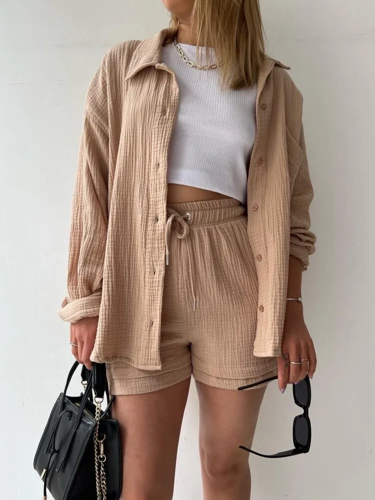 

Spring Short Sets Female Clothing Shirt Solid 2-pcs Set 2024 Summer Casual Long Sleeve Button Outfits Suit Streetwear Loose Sets