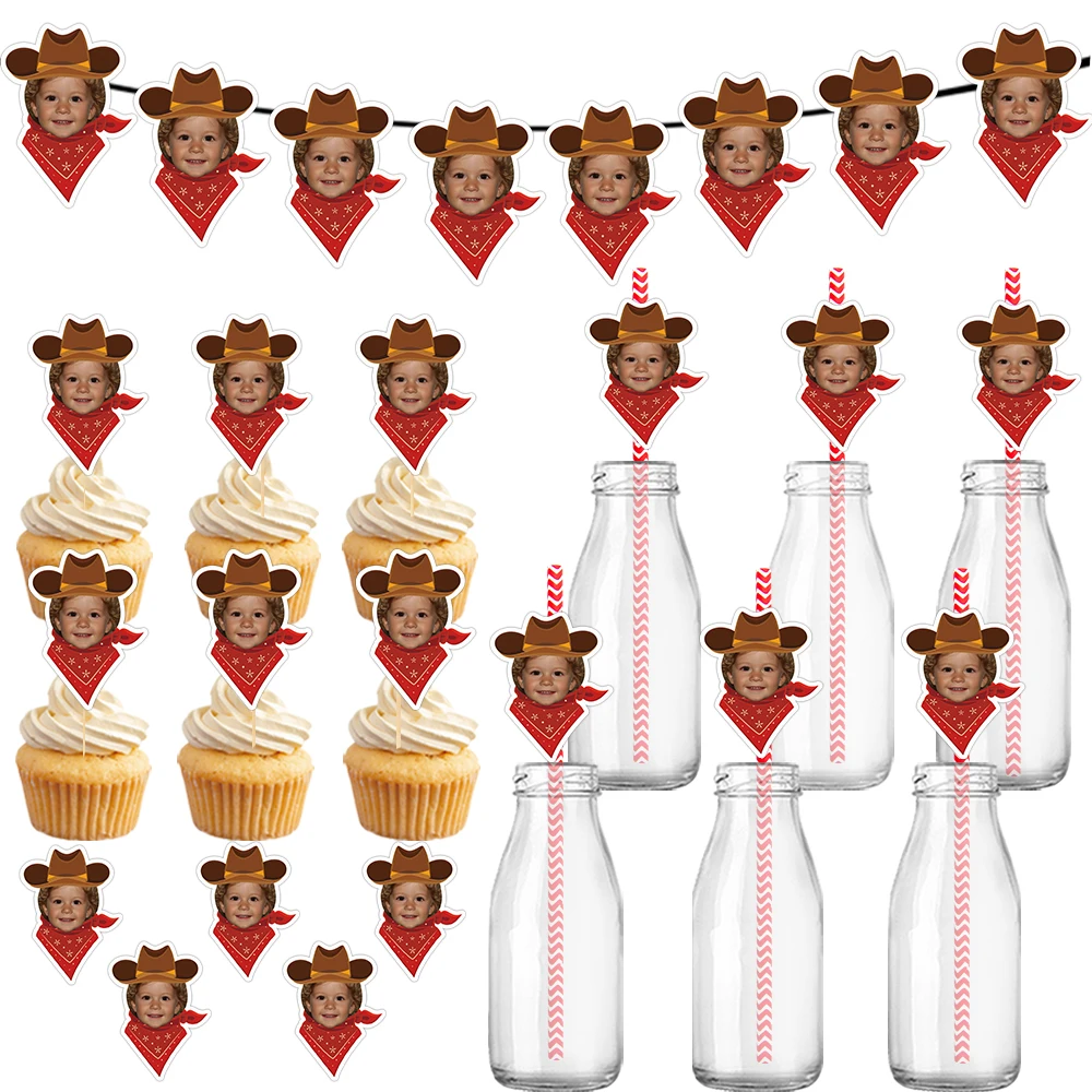 Customized birthday party Western cowboy themed facial photo banner and gift stickers, dessert decoration accessories and straws