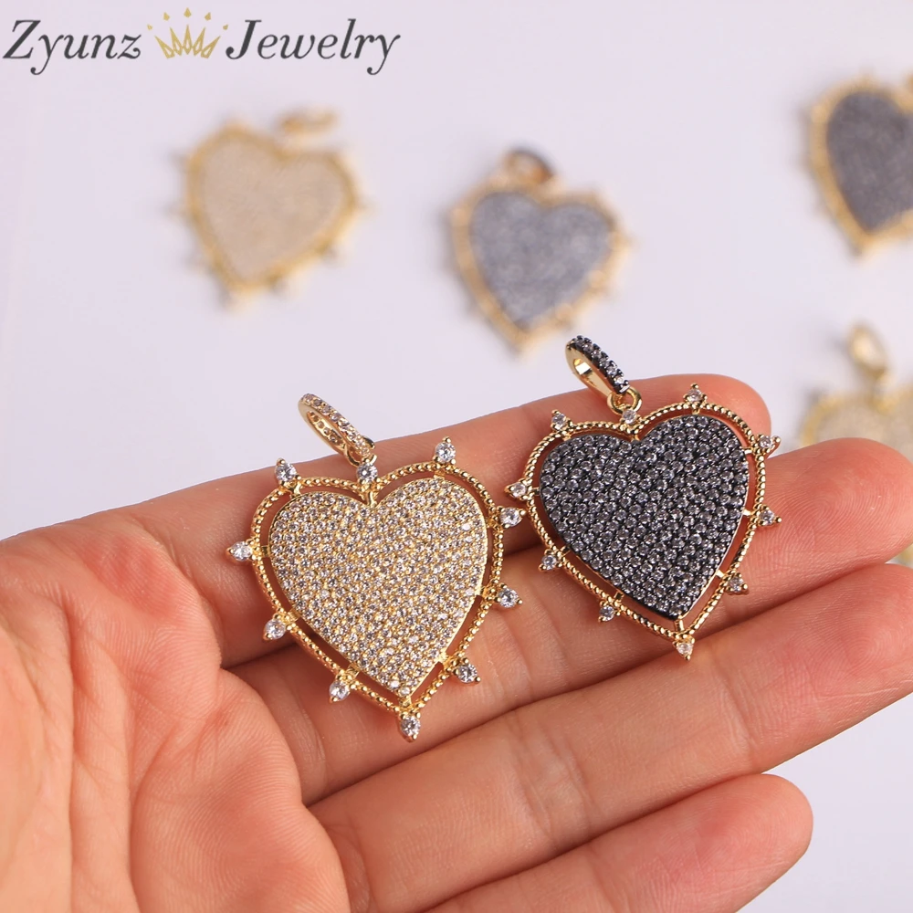 10PCS, Luxury Gold Silver Color Plated Metal Cubic Zirconia Heart Charms Heart Pendants Love Charms