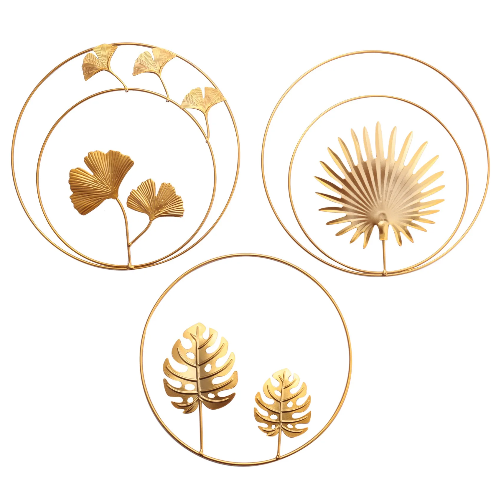 ABBN-Iron Wall Decor,Gold Ginkgo,Maple,Monstera Leaf Wall Decor Round Wall Ornaments,For Bedroom Hanging Hotel Wall Decor