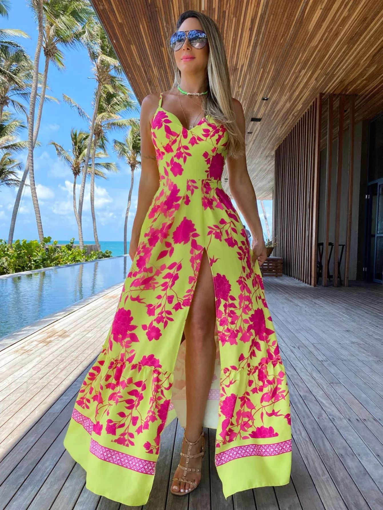 

New Summer Sexy Deep V Neck Maxi Dress Floral Print Sling Split Women Dress Beach Holiday A-line Long Dress Casual Tank Top Robe
