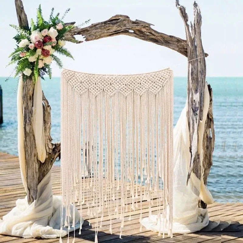 Bohemian Macrame Cotton Rope Wedding Backdrop Boho Nordic Style Event Decor Hanging Tapestry Large-Scale Tassel Wall Hanging