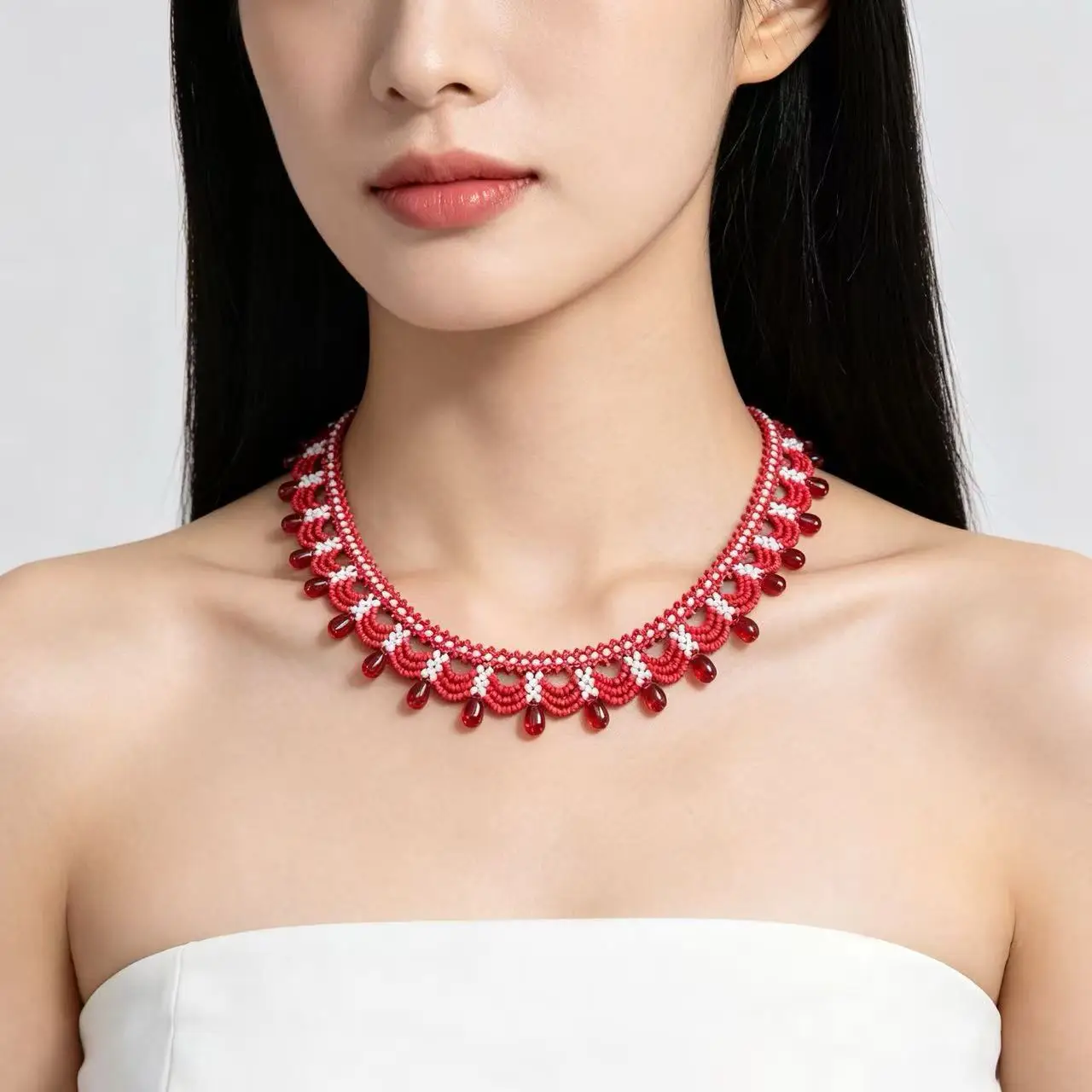 Handmade Woven Multi Layer Beaded Lace Necklace With Teardrop Crystal Pendants Wave Chain Jewelry For Women Black Pink Blue Red