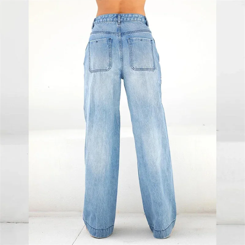 Fashion Loose Mid Waist Straight Jeans Women Daily Casual Commuter Denim Pants High Street Female Wide Leg Floor-length Trousers