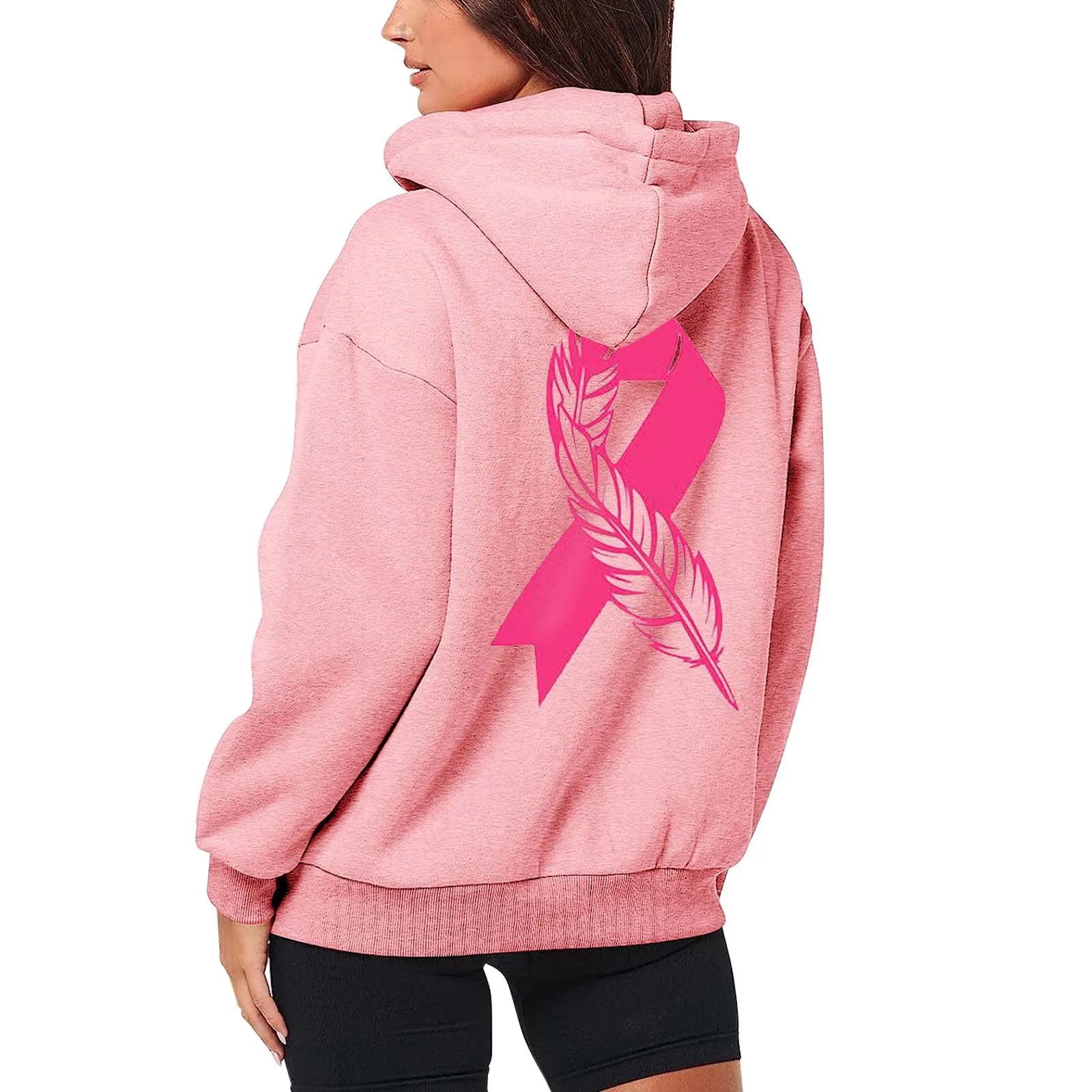 2024 Women's Pink October Hoodies Breast Cancer Awareness Ribbon Feather Print Zipper Sweatshirts Long Sleeve Women Hoodies