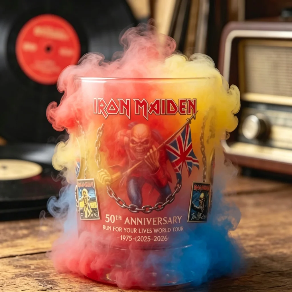 Iron Maiden 50th Anniversary 'Run for Your Lives' World Tour Engraved Crystal Rocks Glass Eddie Whiskey Tumbler for Fans