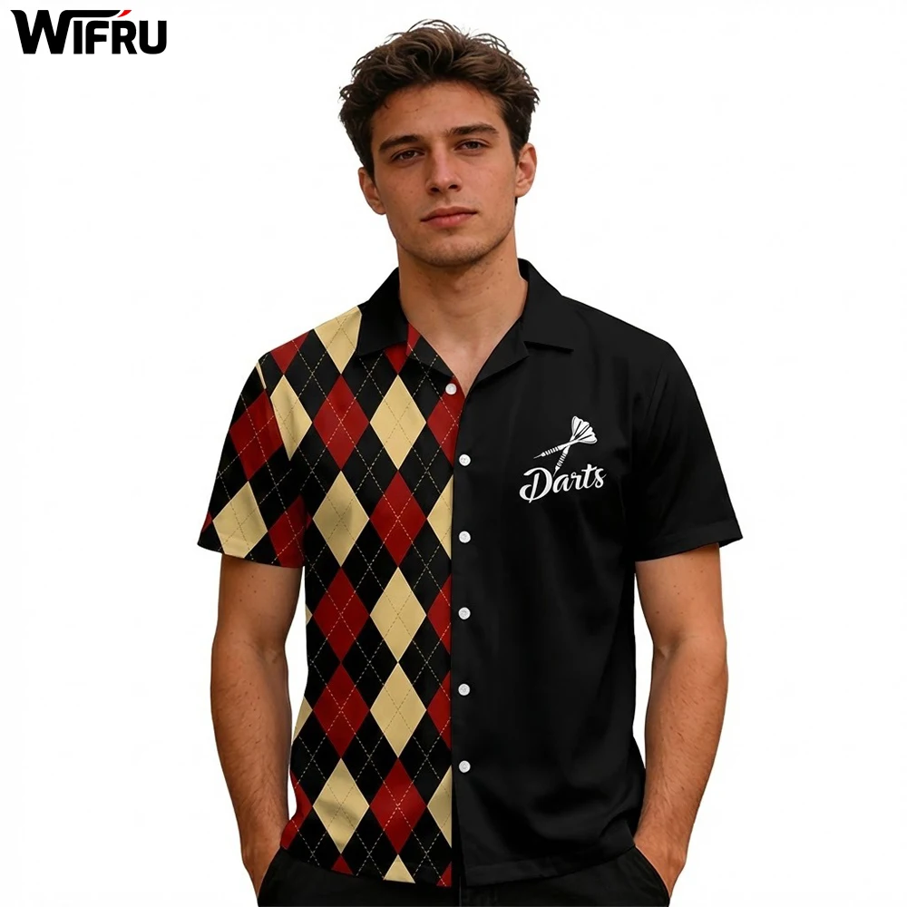 

Darts Print Asymmetric Argyle Short Sleeve Shirt Men's Outdoor Sports Casual Breathable Lapel Buttons Blouse Party Beach Top