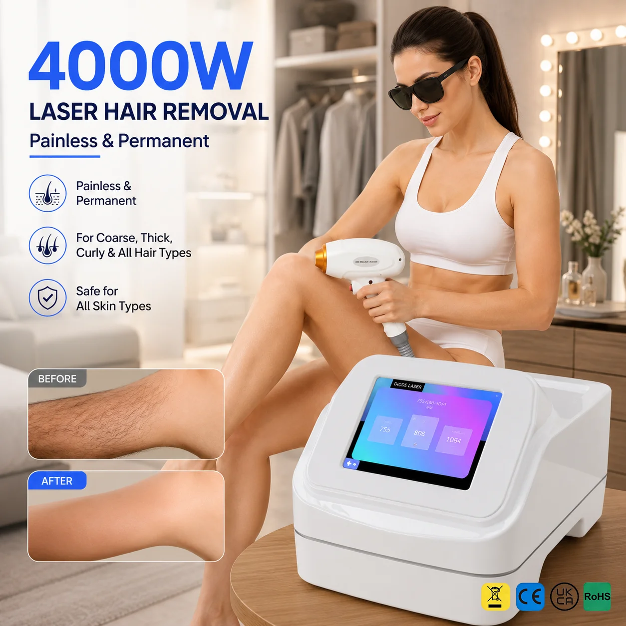4000W Hair Removal Machine 755nm 808nm 1064nm Painless Coarse Stiff Hair Removal Beauty Device Equipment for Woman Home CE