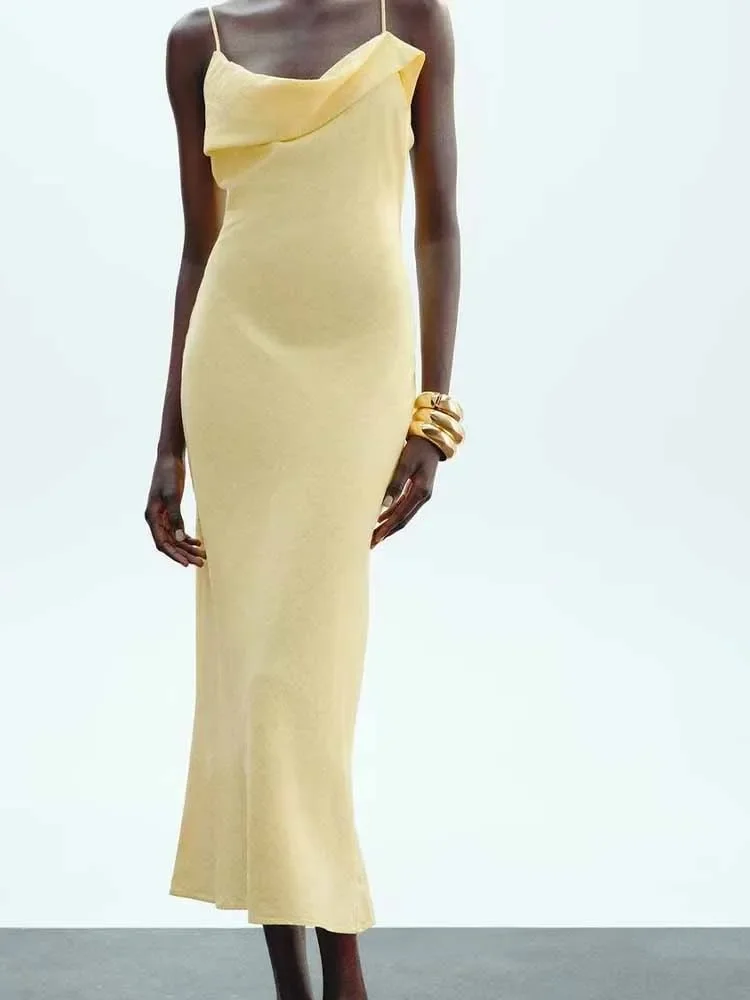 

FDEY Fast fashion women's new trend European and American style temperament versatile linen blended suspender midi dress