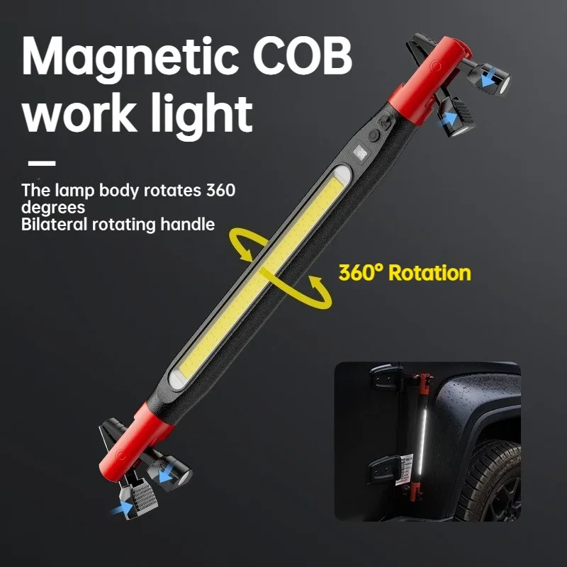 COB LED Work Light USB Rechargeable Power Display Magnetic Hook Long Strip Flashlight for Car Repair Emergency Working Lamp