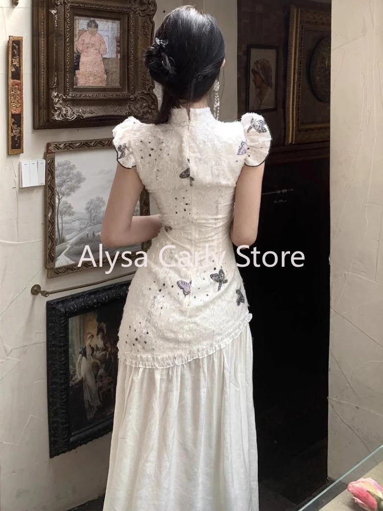 Elegante abito Vintage Cheongsam donna Bow Chic coreano aderente abiti lunghi femminile 2024 Summer Court Casual Evening Party Dress