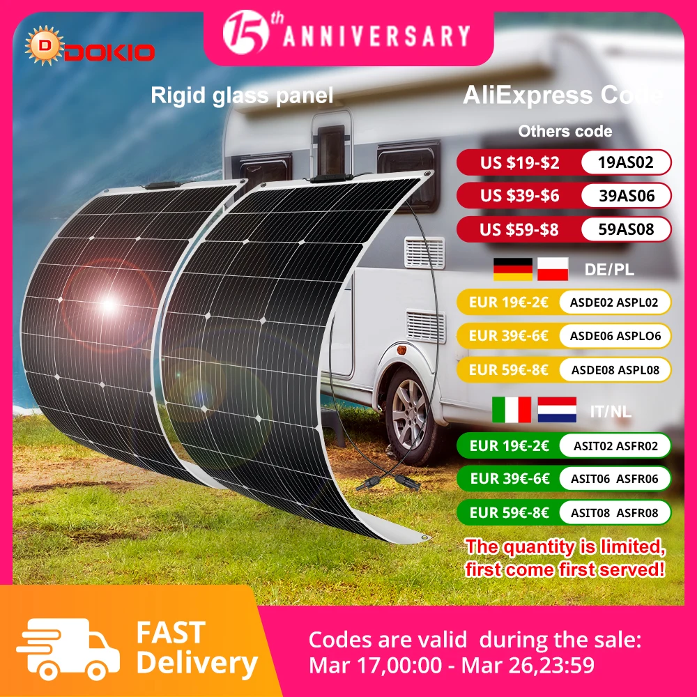 DOKIO 18V 100W/200W/400W Flexible Solar Panels Waterproof Monocrystalline Solar Panel Camping RV Home Charge 12V