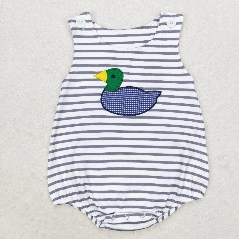 

New rts baby and toddler boys summer rompers wholesale boutique embroidered duck pattern boys striped romper