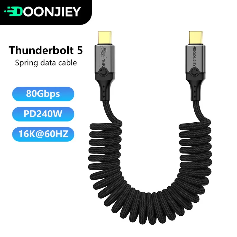 Thunderbolt 5 Spring Type-C Cable 120Gbps PD240W Type C Fast Charge 16K USB-C Video Cord for MacBook Pro 2025/Dell XPS Nylon