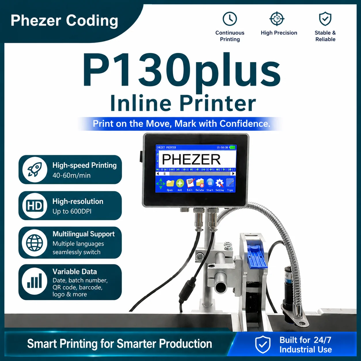 Phezer P130plus Online TIJ Inkjet Printer 12.7/25.4mm for HP Industrial Coder for QR Code Batch Number Logo Expiry Date Labels