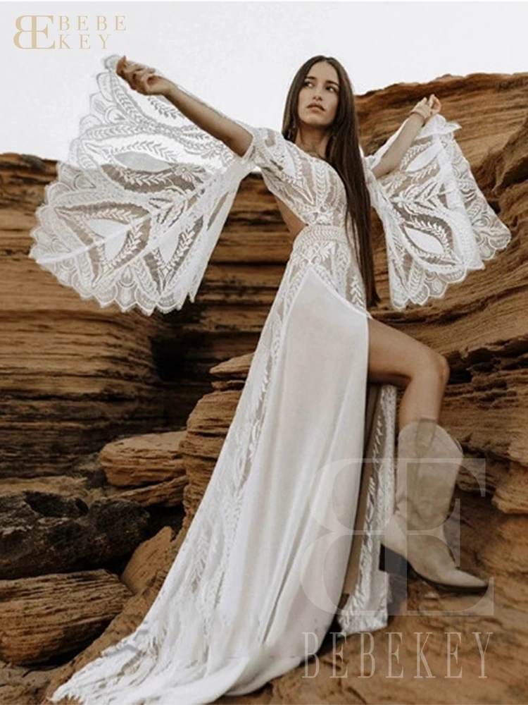 BEBEKEY الهبي الكروشيه الدانتيل فستان الزفاف مع شق عارية الذراعين شيك المدنية البوهيمي فستان زفاف غاتسبي الفيش فستان مخصص