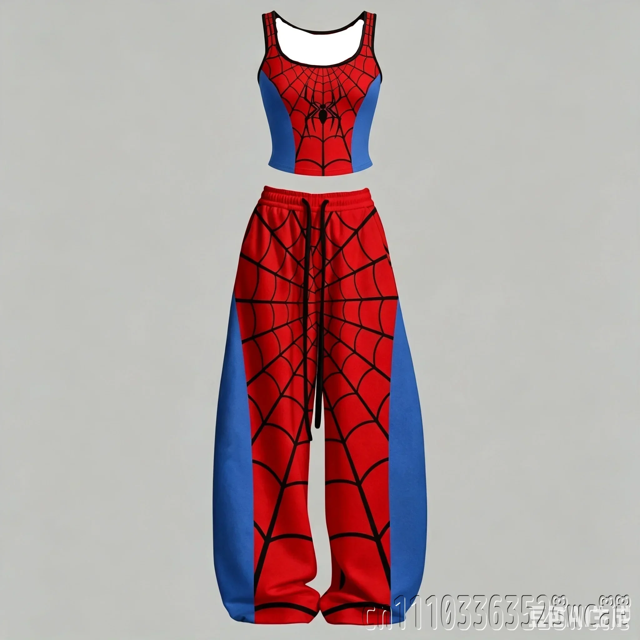 2026/27 Spinnennetz-Print Crop-Tanktop und Weitbein-Hosen-Set Lässiger Zweiteiler Trainingsanzug Hot Girl Streetwear Outfit für Familie K – Detail 5