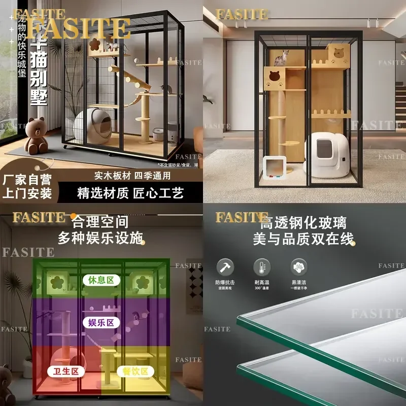For Cat Villa Large Space Panoramic Glass House Luxury Pet Display Cabinet Nest Room Cage Household Furniture