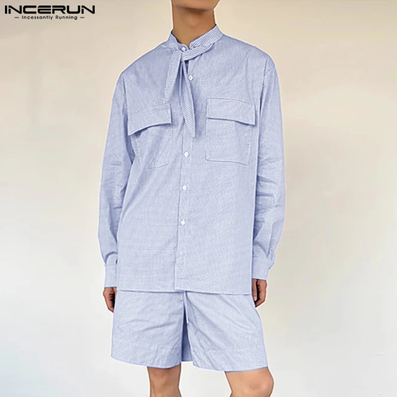 

Men Sets Plaid Stand Collar Long Sleeve Shirt & Shorts Two Pieces Sets Streetwear 2025 Fashion Men's Casual Suits S-5XL INCERUN