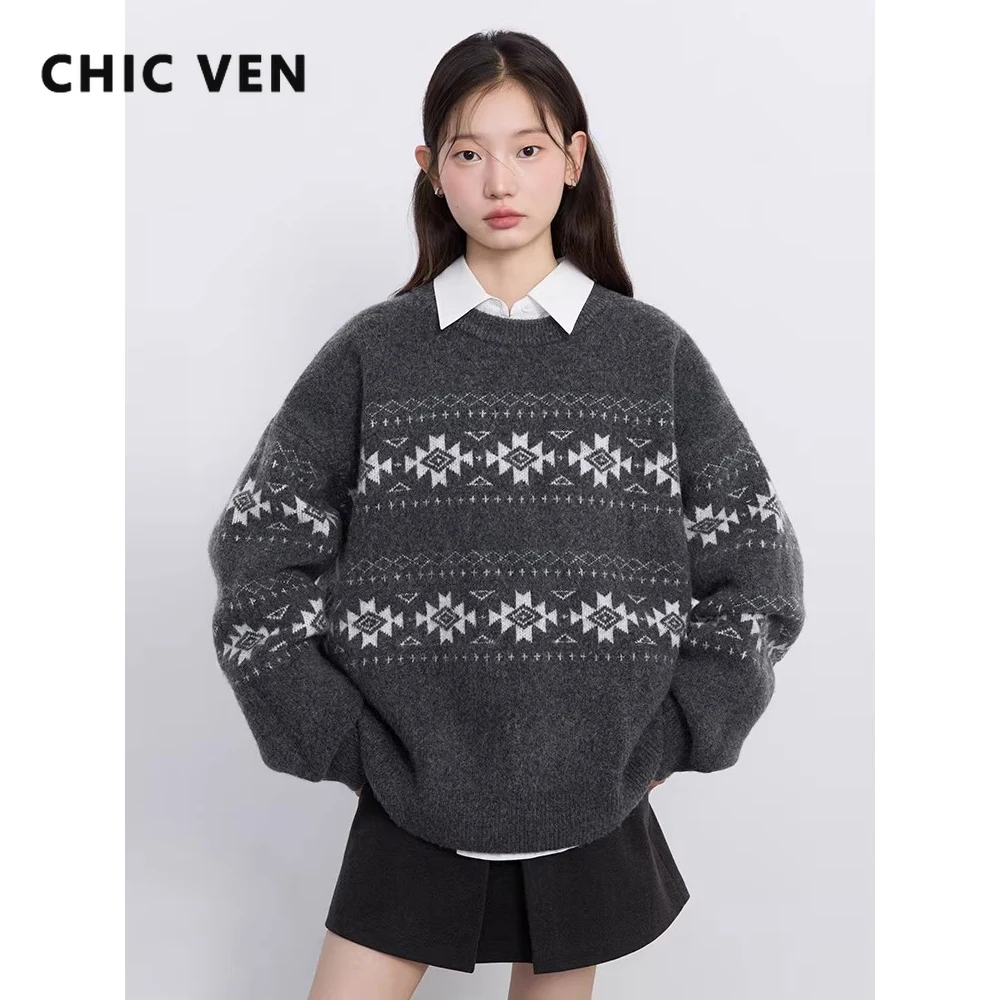 

CHIC VEN Women Pullovers Korean Contrast Jacquard O-Neck Loose Sweaters Fashion Warm Knitted Jumpers Autumn Winter New 2026