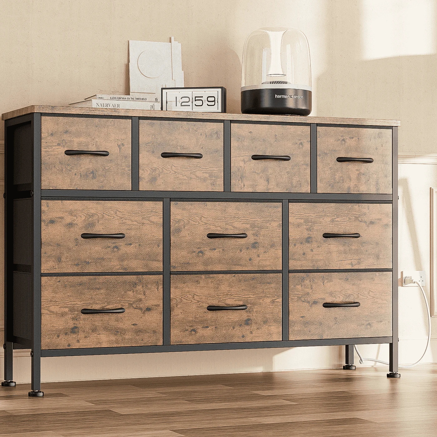 

Dresser TV Stand, 10 Drawer Dresser for Bedroom with Power Outlet, Chest of Drawers for 55" Long TV, Fabric Dresser for Storage