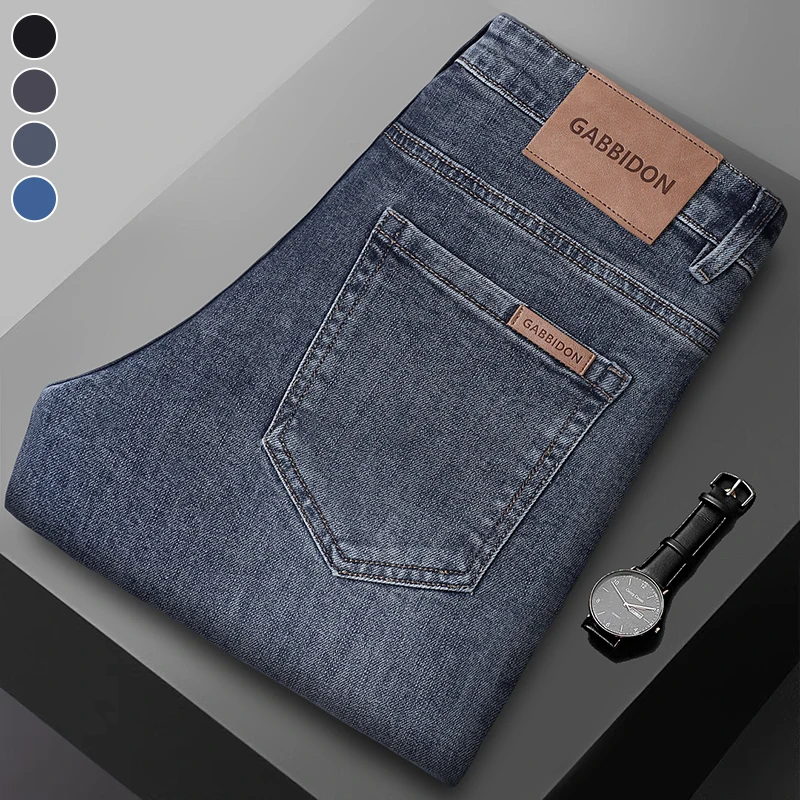 Spring New Men's Straight Jeans Comfortable Elastic Casual Business Work Trousers Retro Blue Fashion Fit Washed Denim Pants