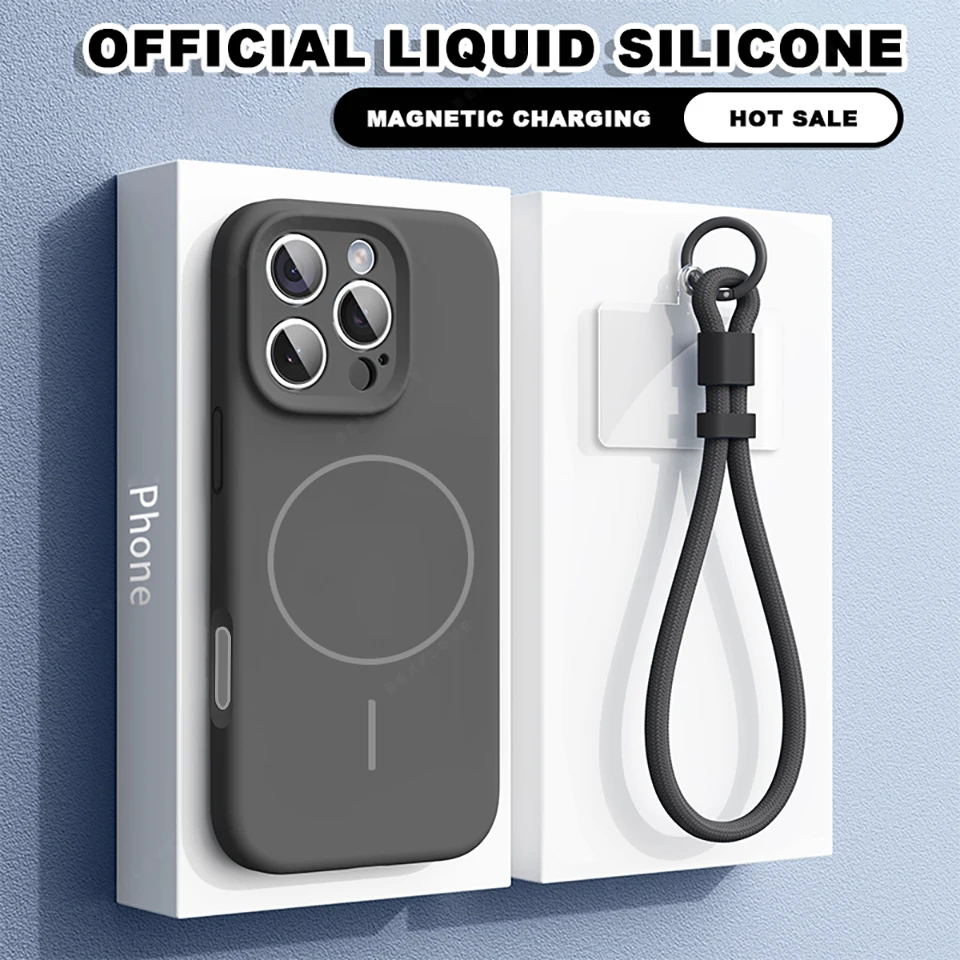 

Liquid Silicone Wrist Strap Magnetic Phone Case For iPhone 16E 15 14 16 Plus 11 12 13 16 Pro Max Magsafe Lanyard Protector Cover