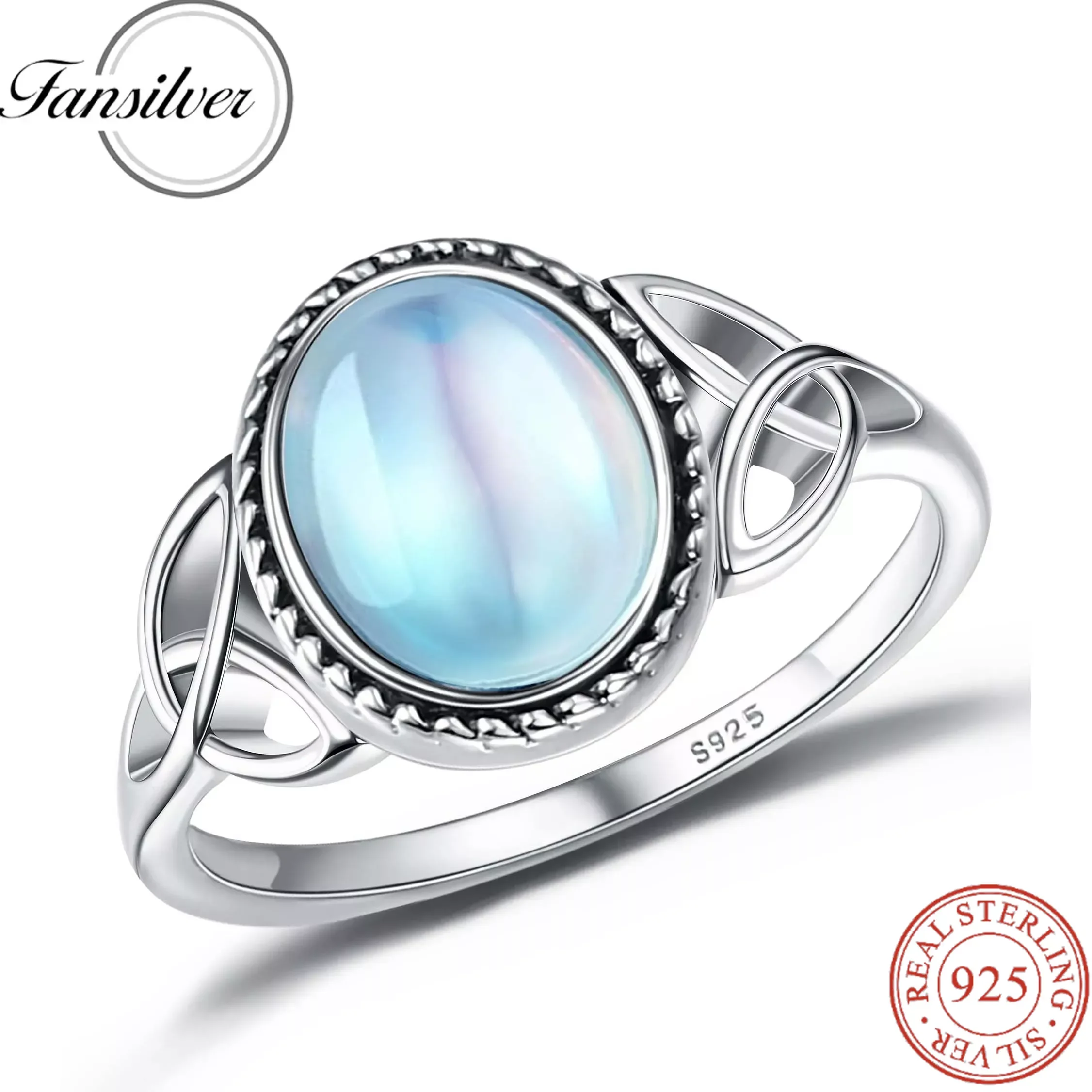 Fansilver-Anillo de piedra lunar de plata de ley S925 para mujer, anillos Vintage chapados en oro blanco de 18K, anillo de piedra lunar elegante