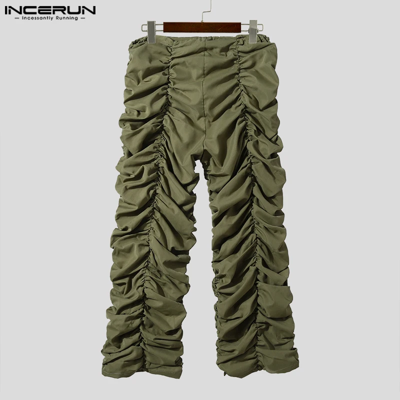 INCERUN-pantalones de estilo americano para hombre, ropa de calle informal con diseño de cordón, plisado sólido, largo, S-5XL, 2023