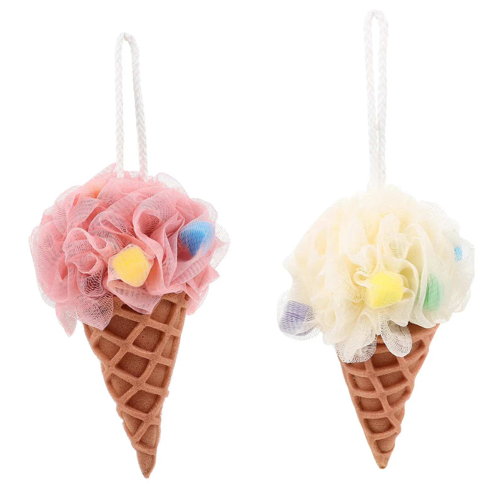 2Pcs Ice Cream Shower Balls Premium Nylon Bath Sponge Gentle Exfoliating Body Scrub Portable Elastic Loofah Shower Accessory