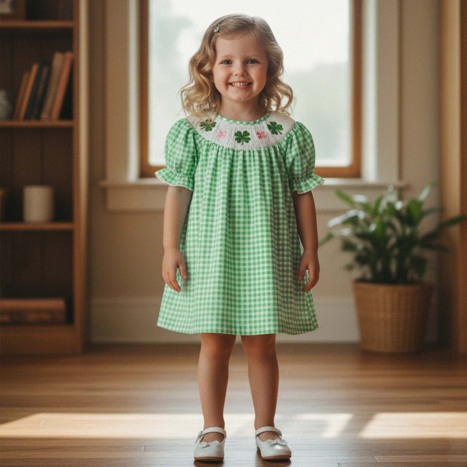 Toddler Baby Girl Dress Puff Short Sleeve Crew Neck Clover Embroidery Smocked A Line Plaid Dress