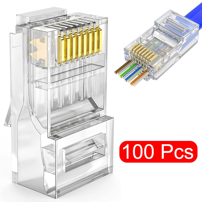 100pcs/lot RJ45 CAT6 CAT5e Pass Through Connectors Crystal End Gold-Plated 8P8C Crimp UTP Standard Ethernet Network Modular Plug