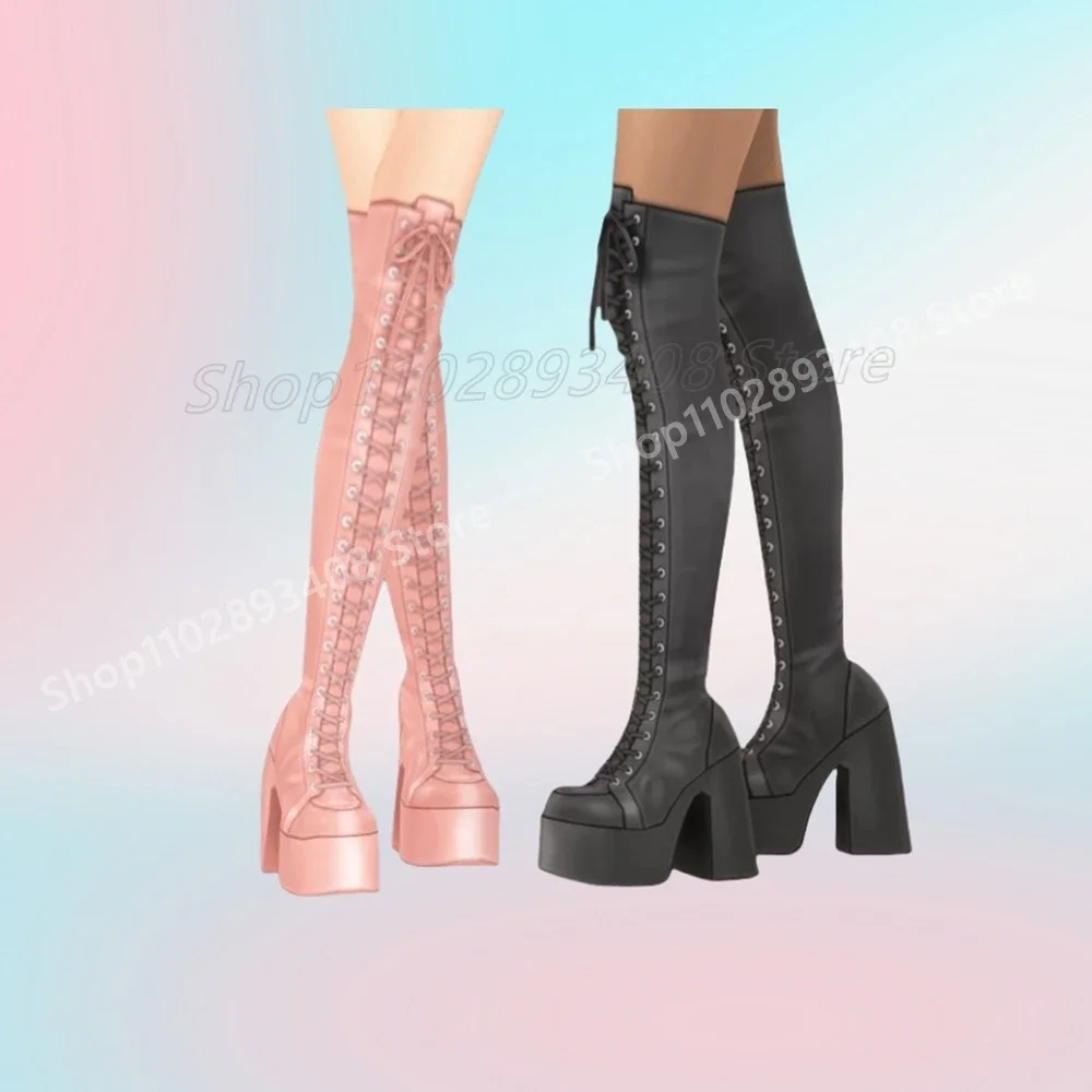 

Pink Sweet Cool Style Over the Knee Boots Front Lace-up Thick Soled Fashion Sexy Women Shoes 2025 Spring Hot Girls Para Mujere
