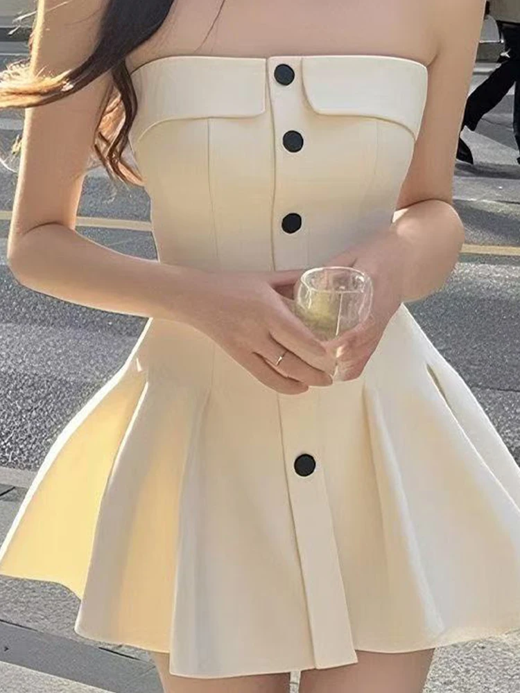 Temperamento peito única fileira botão vestido feminino 2025 verão avançado senso de temperamento fino luz luxo sexy saia