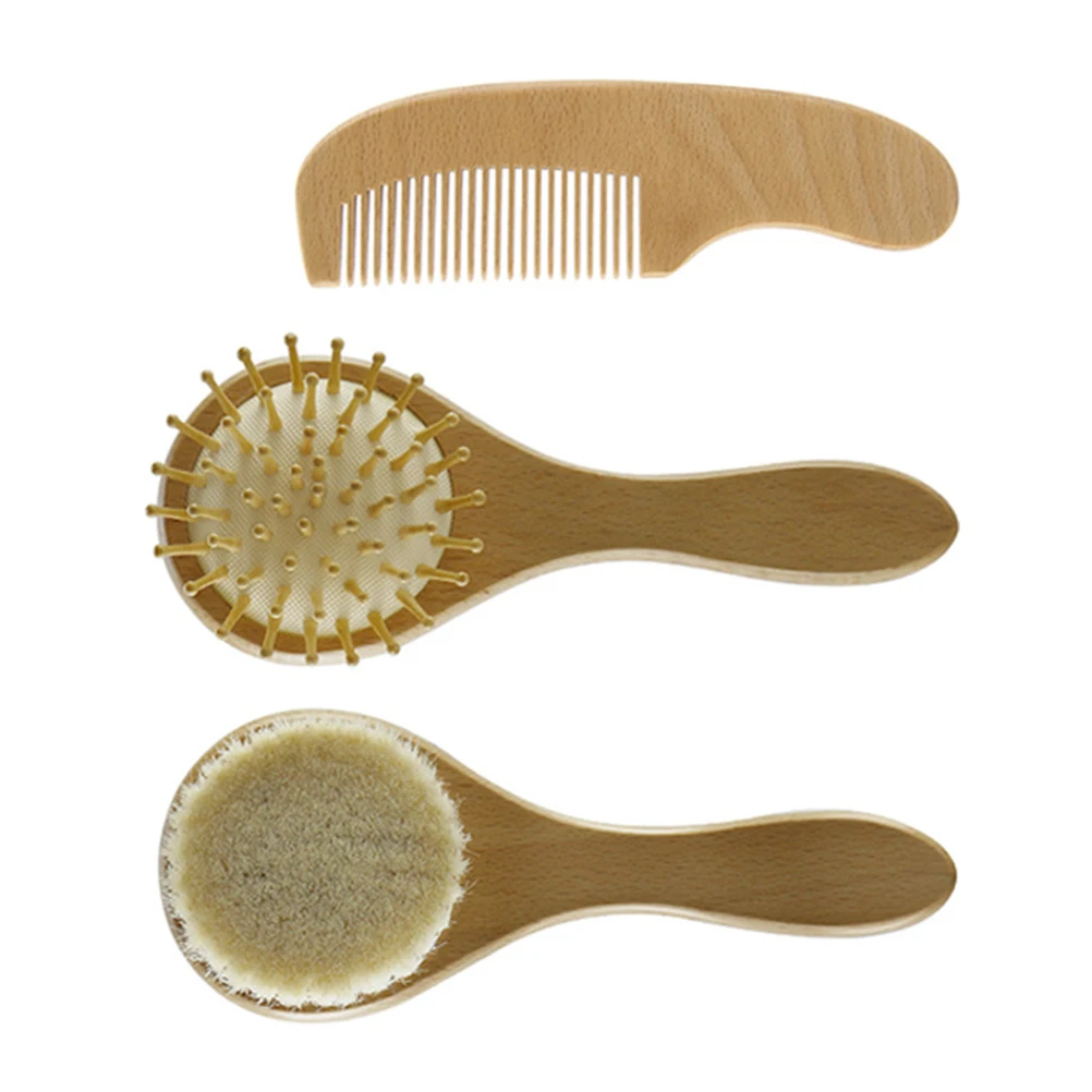 

3 Pcs Baby Hair Brush Comb Wooden Newborn Scalp Grooming Massage Set Infants Woolen Bath Khaki Clean Promote Growth
